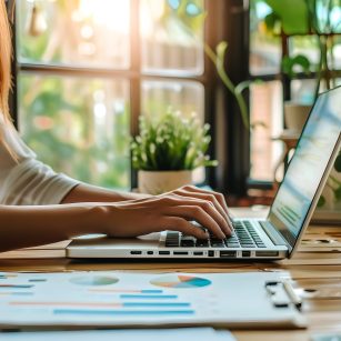 Femme travaillant sur un ordinateur portable avec des documents d’affaires sur le bureau Femme travaillant sur un ordinateur portable avec des documents d'affaires sur le bureau